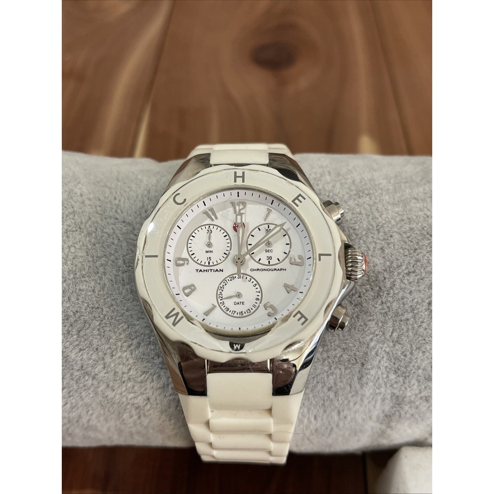 MICHELE Jelly Bean Tahitian Chronograph Wht Band Women's Watch MWW12F00008 *READ